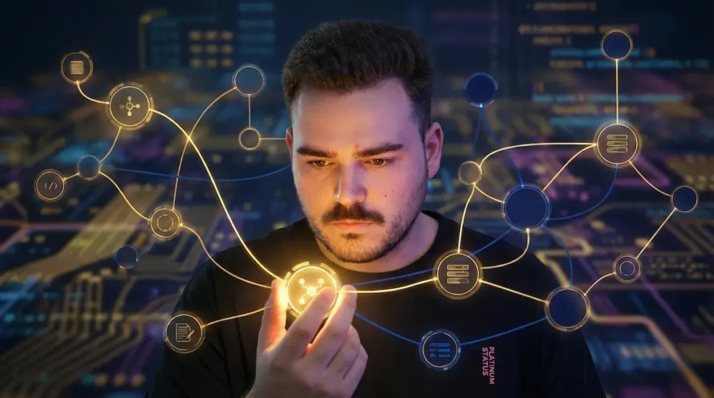 Arquitectura de un flujo de trabajo en n8n donde el usuario conecta nodos de inteligencia artificial y herramientas para crear un sistema de automatización avanzado