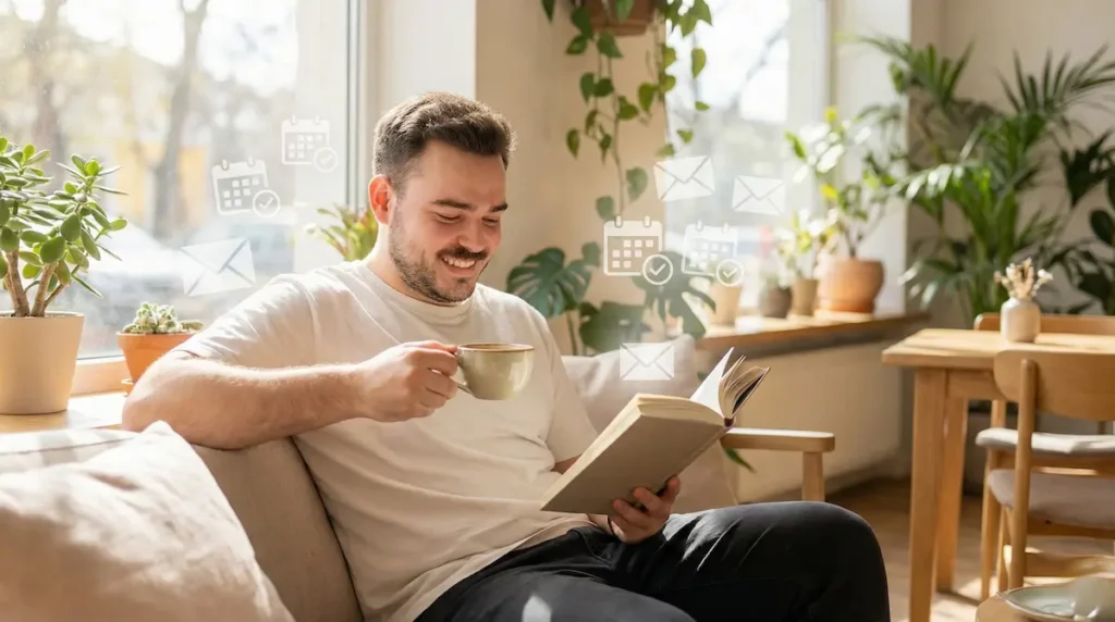 Usuario disfrutando de mayor productividad y tiempo libre gracias a la delegación de tareas repetitivas a un agente de IA que gestiona el calendario automáticamente