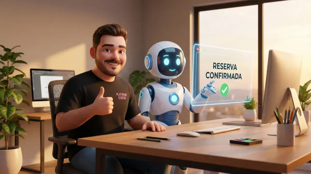 Diferencia entre un chatbot y un agente IA en n8n: usuario colaborando con un asistente virtual robótico que ejecuta tareas y confirma reservas reales en lugar de solo conversar