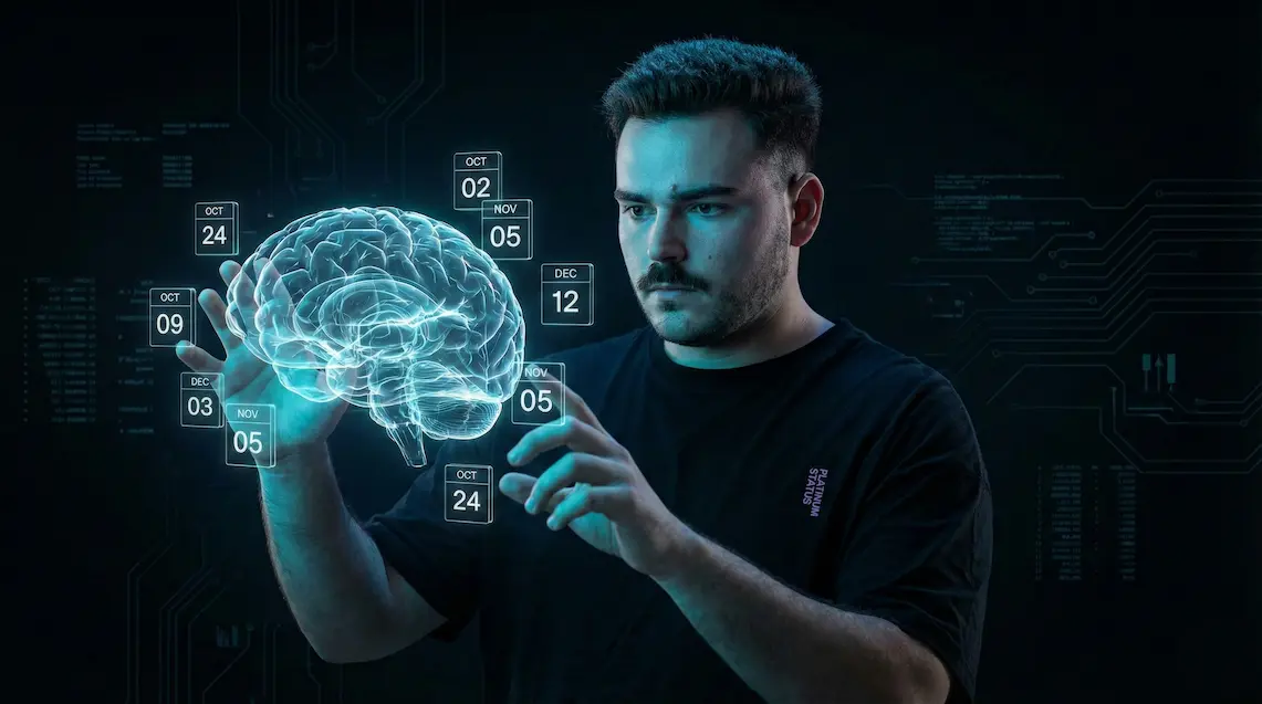 Representación visual de un agente de IA organizando bloques de Google Calendar de forma autónoma bajo la supervisión de un usuario experto en automatización con n8n